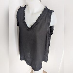 ZENANA Electric Black Linen-Blend Loose Tank Top With Raw Edges; Size S